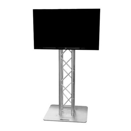 Écran de télévision sur un support en métal, posé sur une base plate.